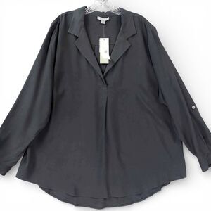 GO Silk Black Silk Blouse Top Sz 2X Plus Size Roll Tab Sleeve V-Neck Collared